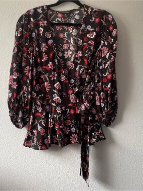 Banana Republic Floral Wrap Peplum Blouse XS Black Pink Tie Waist Romantic